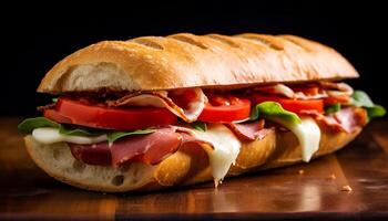 ai generado frescura en un de madera mesa A la parrilla ciabatta con gastrónomo carne generado por ai foto