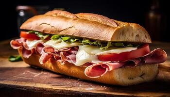 ai generado A la parrilla Cerdo emparedado en ciabatta, Fresco tomate, y cebolla generado por ai foto