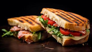 AI generated Grilled meat sandwich on toasted ciabatta with fresh salad generated by AI photo