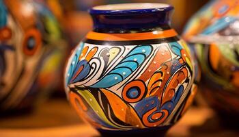 AI generated Vibrant, multi colored pottery vase showcases indigenous cultures' creativity generated by AI photo