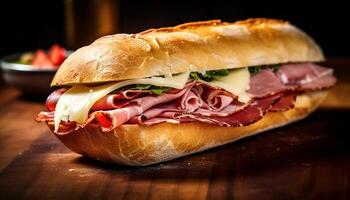 ai generado frescura en un de madera mesa A la parrilla carne de res, tomate, ciabatta generado por ai foto