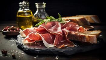 AI generated Rustic prosciutto slice on wooden plate, ready to eat Italian snack generated by AI photo