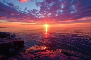 ai generado hermosa puesta de sol terminado lago superior. generativo ai foto