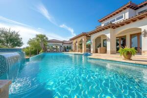 ai generado hermosa hogar exterior y grande nadando piscina en soleado día con azul cielo , caracteristicas serie de agua chorros formando arcos foto