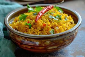 ai generado khichdi o khichri es un plato en sur asiático cocina hecho de arroz y lentejas con numeroso variaciones. generativo ai foto