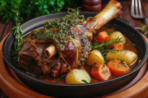 AI generated Braised lamb shank with herbs and vegetables. generative ai photo