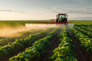 AI generated Tractor Spraying Pesticides at Soy Bean Field. generative ai photo