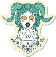 grunge sticker of a tiefling with natural twenty dice roll png