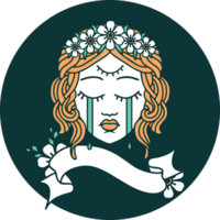 tatoeëren stijl icoon met banier van vrouw gezicht met derde oog en kroon van bloemen huilend png