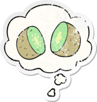 cartoon kiwi with thought bubble as a distressed worn sticker png