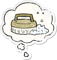 cartoon scrubbing brush with thought bubble as a distressed worn sticker png