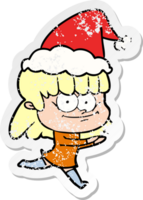 hand- getrokken verontrust sticker tekenfilm van een glimlachen vrouw vervelend de kerstman hoed png