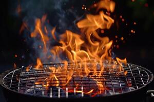 ai generado caliente vacío portátil parilla barbacoa parrilla con llameante fuego y ascua carbón en negro antecedentes. esperando para el colocación de tu alimento. cerca arriba foto