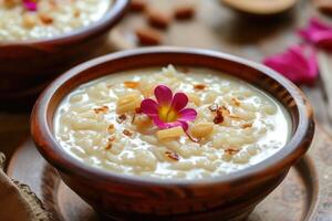 AI generated Kheer,payasam, A creamy and sweet rice pudding Indian dish, made by boiling milk, sugar or jaggery, and rice. generative ai photo