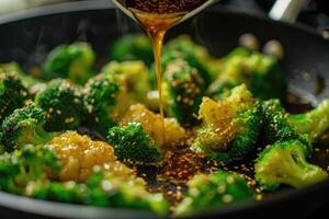 AI generated Stir-fry the broccoli with the sauce poured over photo