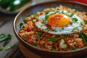 AI generated Spicy fried rice with fried egg. generative ai photo