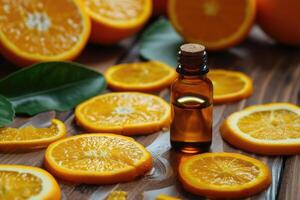 AI generated Orange essential oil with fresh sliced orange fruits. generative ai photo