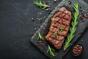 AI generated Roasted beef steak on dark stone background with rosemary herbs. Top view, generative ai photo