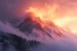 ai generado etéreo picos amanecer se despliega en el montaña neblina. generativo ai foto