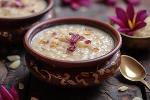 AI generated Kheer,payasam, A creamy and sweet rice pudding Indian dish, made by boiling milk, sugar or jaggery, and rice. generative ai photo