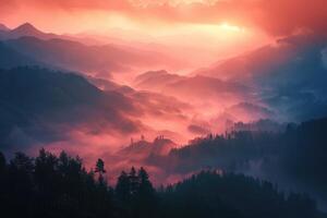 ai generado etéreo picos amanecer se despliega en el montaña neblina. generativo ai foto