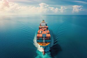 AI generated A loaded container cargo ship is seen ahead above the ocean. generative ai photo