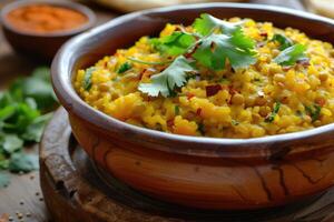 AI generated Khichdi or khichri is a dish in South Asian cuisine made of rice and lentils with numerous variations. generative ai photo