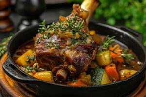 AI generated Braised lamb shank with herbs and vegetables. generative ai photo