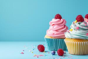 ai generado vistoso taza pasteles aislado en pastel azul fondo, Copiar espacio estilo, generativo ai foto