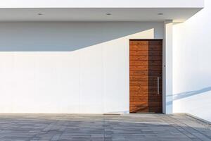 ai generado nuevo casa con de madera puerta y vacío blanco pared. grande patio en moderno hogar. generativo ai foto