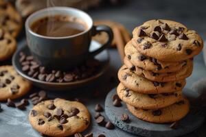 ai generado un pila de choco chip galletas y un taza caliente café. generativo ai foto