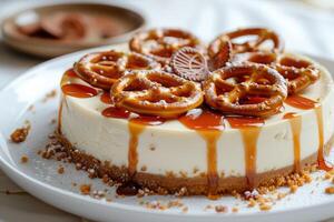 AI generated Dessert Fusion Exploring the Richness of Pretzels and Caramel in Cheesecake. generative ai photo