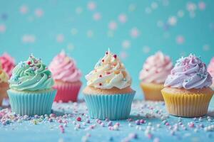 AI generated Colorful Cup Cakes Isolated on Pastel Blue Background, Copy Space Style, generative ai photo