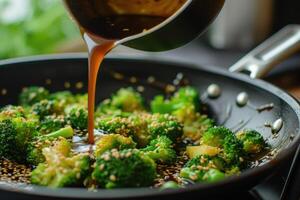 AI generated Stir-fry the broccoli with the sauce poured over photo