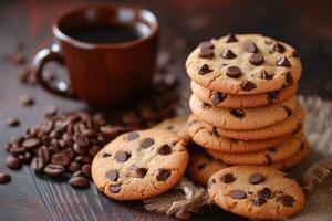 ai generado un pila de choco chip galletas y un taza caliente café. generativo ai foto