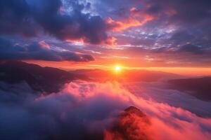 ai generado etéreo picos amanecer se despliega en el montaña neblina. generativo ai foto