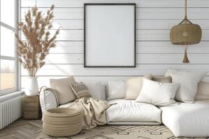 AI generated Minimalist farmhouse living room with blank frame mockup on white wooden wall paint photo