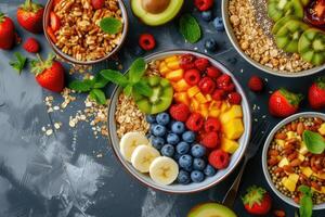 AI generated Breakfast Vegan Bowls, Flat Lay View. generative ai photo