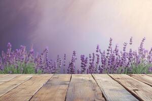 AI generated Empty Wooden Table Top for Product Display with Lavender Background. generative ai photo