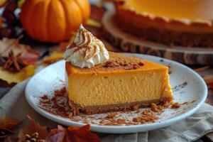 AI generated Autumn Delight, Indulging in the Richness of Pumpkin Spice Cheesecake. generative ai photo