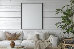 AI generated Minimalist farmhouse living room with blank frame mockup on white wooden wall paint. generative ai photo