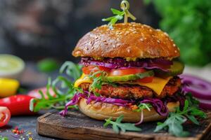 AI generated Avocado Sandwich with Vegan Burger, Roast Yellow Pepper and Pickled Red Cabbage. Selective Focus. generative ai photo