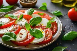 ai generado ensalada caprese con tomate queso Mozzarella y albahaca. generativo ai foto