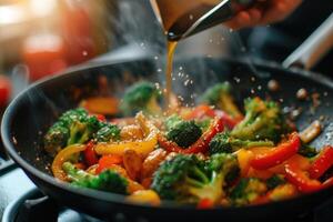 AI generated Stir-fry the broccoli with the sauce poured over photo