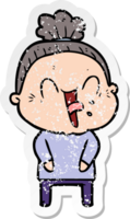 distressed sticker of a cartoon happy old woman png