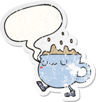 cartoon coffee cup walking with speech bubble distressed distressed old sticker png