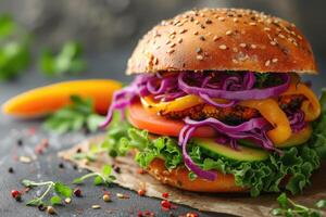 AI generated Avocado Sandwich with Vegan Burger, Roast Yellow Pepper and Pickled Red Cabbage. Selective Focus. generative ai photo