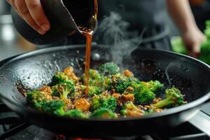 AI generated Stir-fry the broccoli with the sauce poured over photo