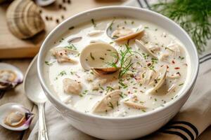 AI generated New England clam chowder soup white farmhouse kitchen background. generative ai photo