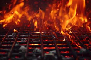 ai generado caliente vacío portátil parilla barbacoa parrilla con llameante fuego y ascua carbón en negro antecedentes. esperando para el colocación de tu alimento. cerca arriba foto